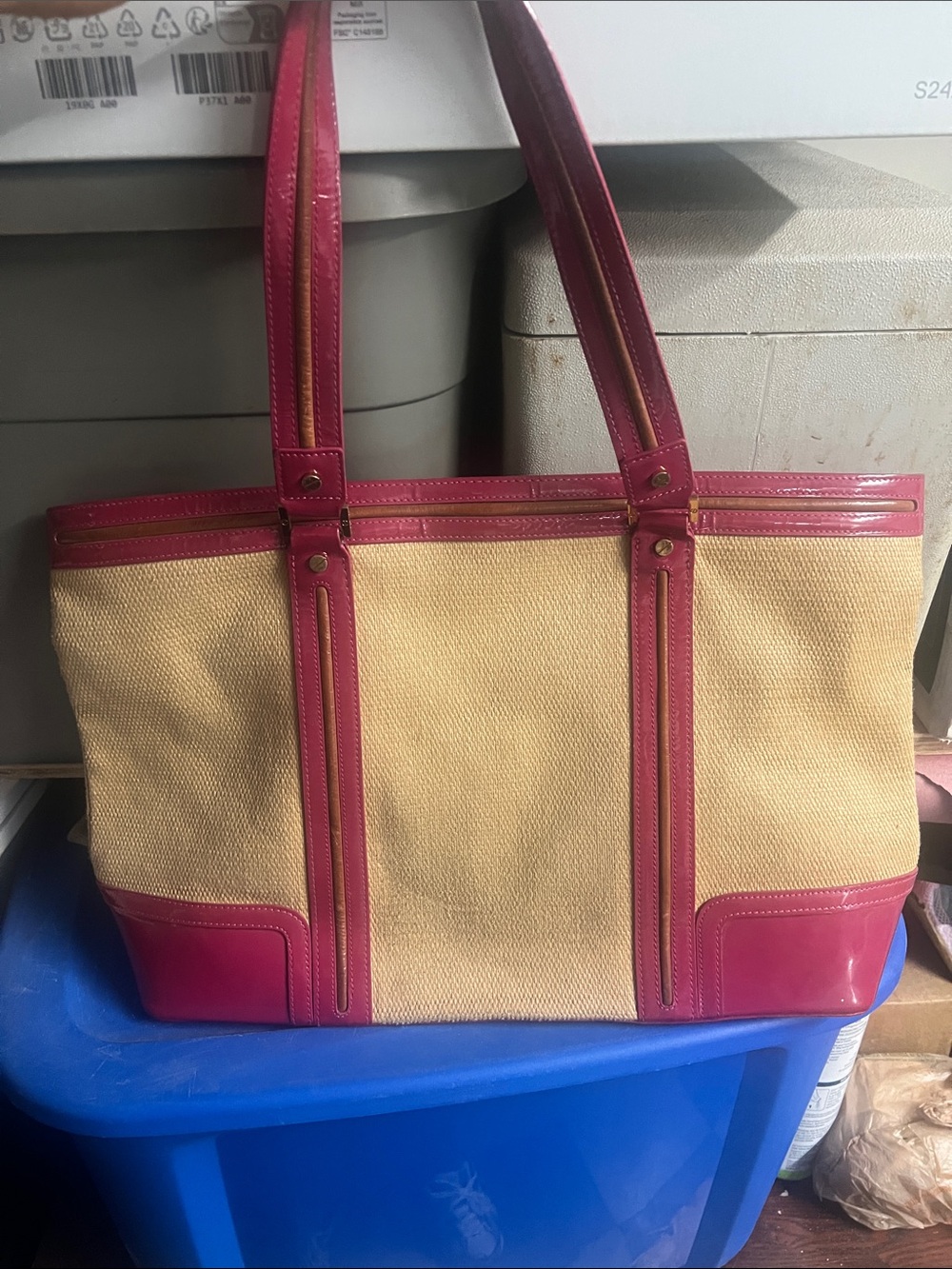Tory Burch Beige Canvas Tote with Pink Leather Trim & Gold Logo - Picture 3 of 3